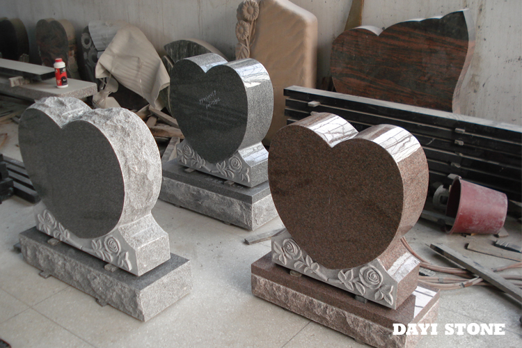 Heart Upright Headstones Dark Grey & Red Granite Stone